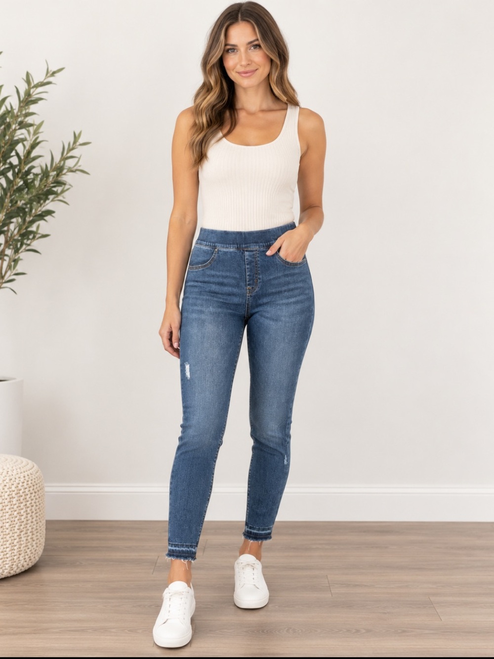 SPANX Women’s Distressed Skinny Jeans Size L/G Medium Wash Pull-On Stretch